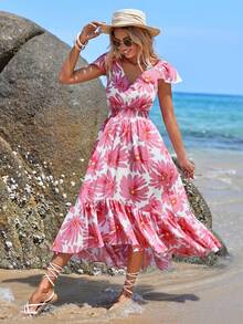 SHEIN LUNE Vestido con estampado floral bajo con fruncido - Blanco - Ver 4