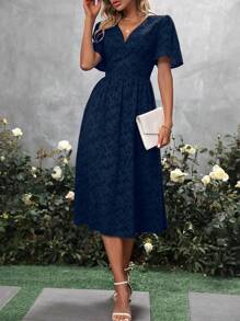 SHEIN Clasi Solid V Neck A-line Dress - Navy Blue - View 4