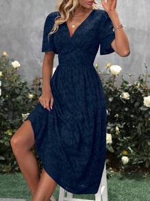 SHEIN Clasi Solid V Neck A-line Dress - Navy Blue - View 5