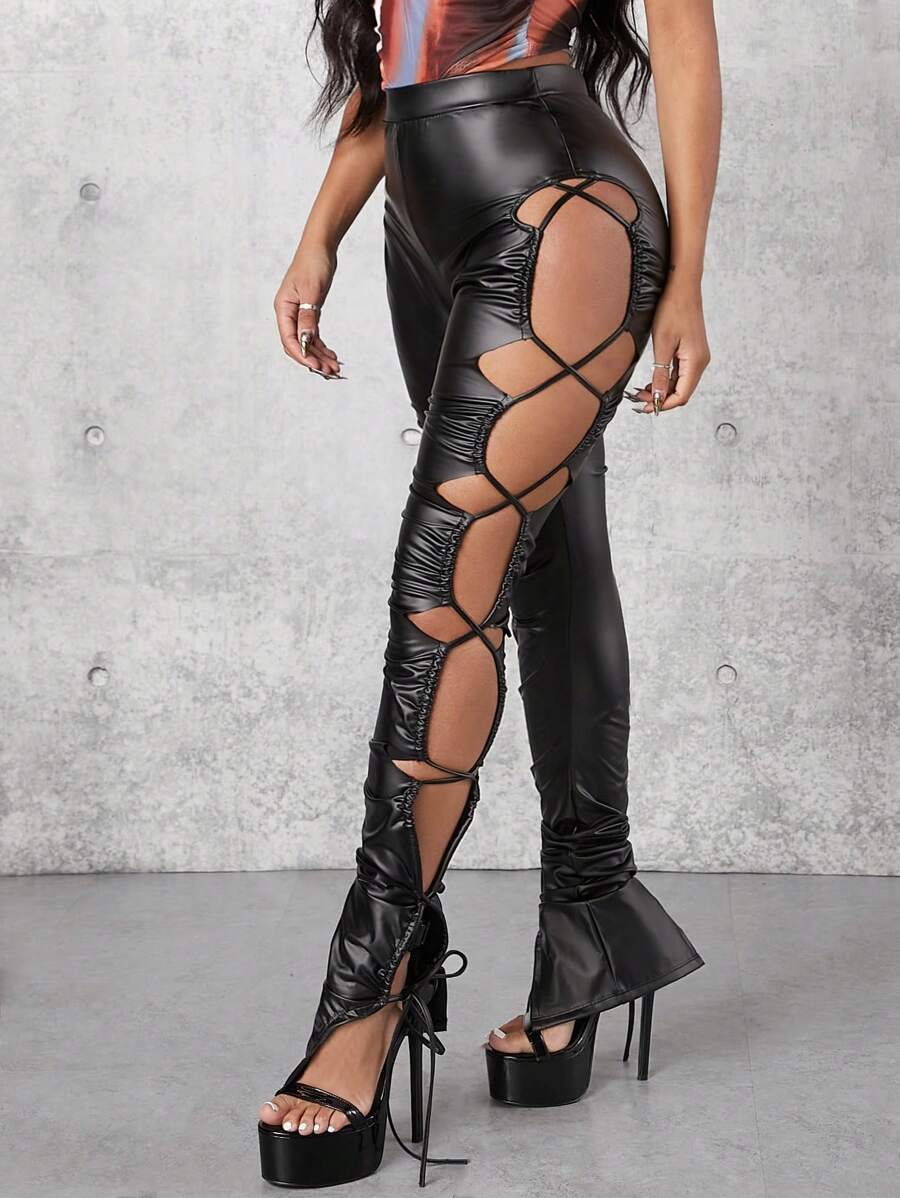 Hauture Cut Out Lace Up Side PU Leather Trousers - Black - View 1