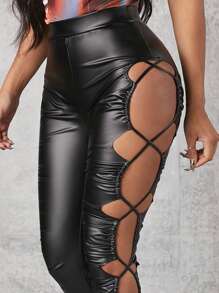 Hauture Cut Out Lace Up Side PU Leather Trousers - Black - View 3