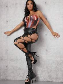 Hauture Cut Out Lace Up Side PU Leather Trousers - Black - View 4