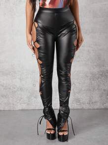 Hauture Cut Out Lace Up Side PU Leather Trousers - Black - View 5