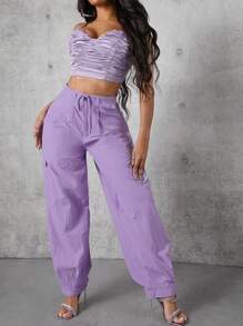 Denimoi Solid Drawstring Waist Flap Pocket Belted Cargo Trousers - Lilac Purple - View 1