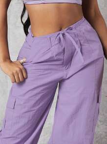 Denimoi Solid Drawstring Waist Flap Pocket Belted Cargo Trousers - Lilac Purple - View 3