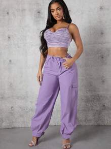 Denimoi Solid Drawstring Waist Flap Pocket Belted Cargo Trousers - Lilac Purple - View 5