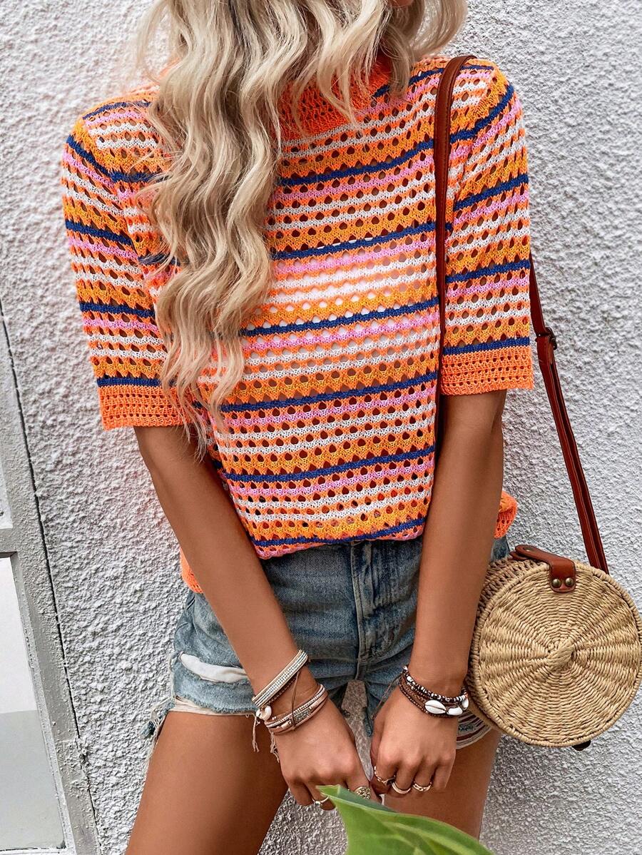 Breezaya Striped Pattern Mock Neck Knit Top - Multicolor - View 1