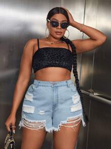 SHEIN SXY Plus Ripped Raw Hem Denim Shorts - Light Wash - View 2