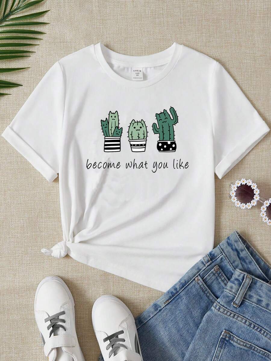 SHEIN Tops con gái Slogan Thực vật Giải trí - trắng - Xem 1