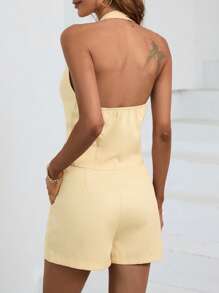 SHEIN LUNE Bộ âu phục nữ Túi Nút phía trước Lộ Lưng màu trơn Giải trí - Màu be - Xem 2