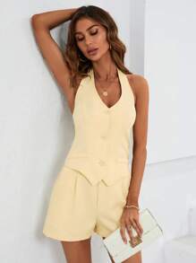 SHEIN LUNE Bộ âu phục nữ Túi Nút phía trước Lộ Lưng màu trơn Giải trí - Màu be - Xem 3