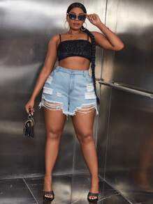 SHEIN SXY Plus Ripped Raw Hem Denim Shorts - Light Wash - View 5