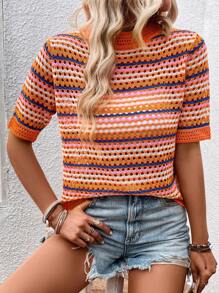 Breezaya Striped Pattern Mock Neck Knit Top - Multicolor - View 6