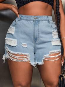 SHEIN SXY Plus Ripped Raw Hem Denim Shorts - Light Wash - View 6
