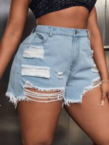 SHEIN SXY Plus Ripped Raw Hem Denim Shorts - Light Wash - View 1