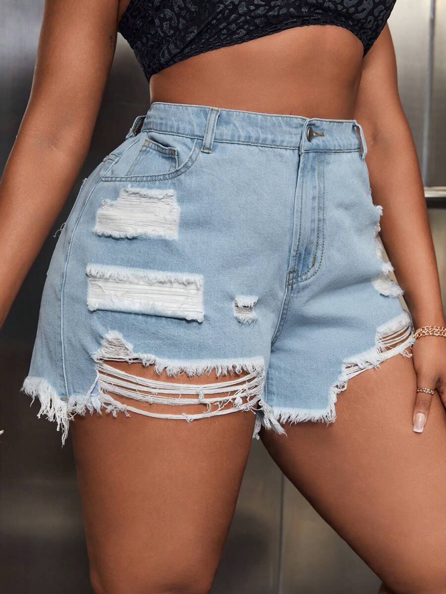 SHEIN SXY Plus Ripped Raw Hem Denim Shorts - Light Wash - View 1