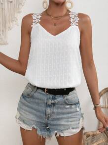 SHEIN VCAY Áo khoác và áo lót dành cho xe tăng nữ Đề can Tương phản ren màu trơn Giải trí - trắng - Xem 5