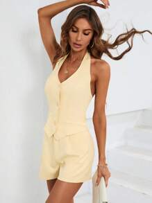 SHEIN LUNE Bộ âu phục nữ Túi Nút phía trước Lộ Lưng màu trơn Giải trí - Màu be - Xem 5