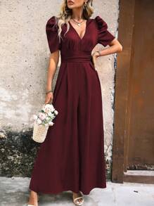 SHEIN LUNE Puff Sleeve Wide Leg Jumpsuit - Burgundy - View 3
