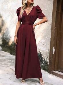 SHEIN LUNE Puff Sleeve Wide Leg Jumpsuit - Burgundy - View 4