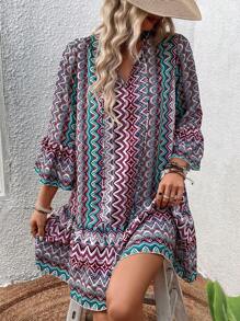 SHEIN Swim 幾何印花荷葉袖荷葉邊罩衫連衣裙 - 彩色 - 查看 4