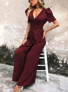 SHEIN LUNE Puff Sleeve Wide Leg Jumpsuit - Burgundy - View 6