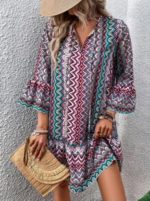 SHEIN Swim 幾何印花荷葉袖荷葉邊罩衫連衣裙 - 彩色 - 查看 6