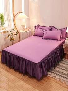 1入組素色蕾絲裝飾床上用品床裙臥室極簡主義面料荷葉邊床裙 - 紫色 - 查看 1