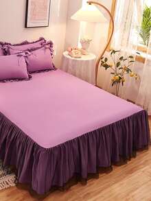 1入組素色蕾絲裝飾床上用品床裙臥室極簡主義面料荷葉邊床裙 - 紫色 - 查看 6