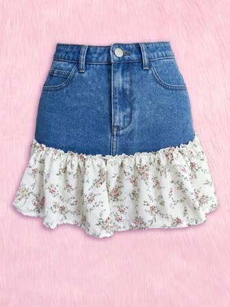 Kawaii Jeansrock mit Blümchen Muster, Rüschen,