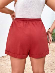 SHEIN VCAY Plus Drawstring Waist Roll Up Hem Shorts - Rust Brown - View 2