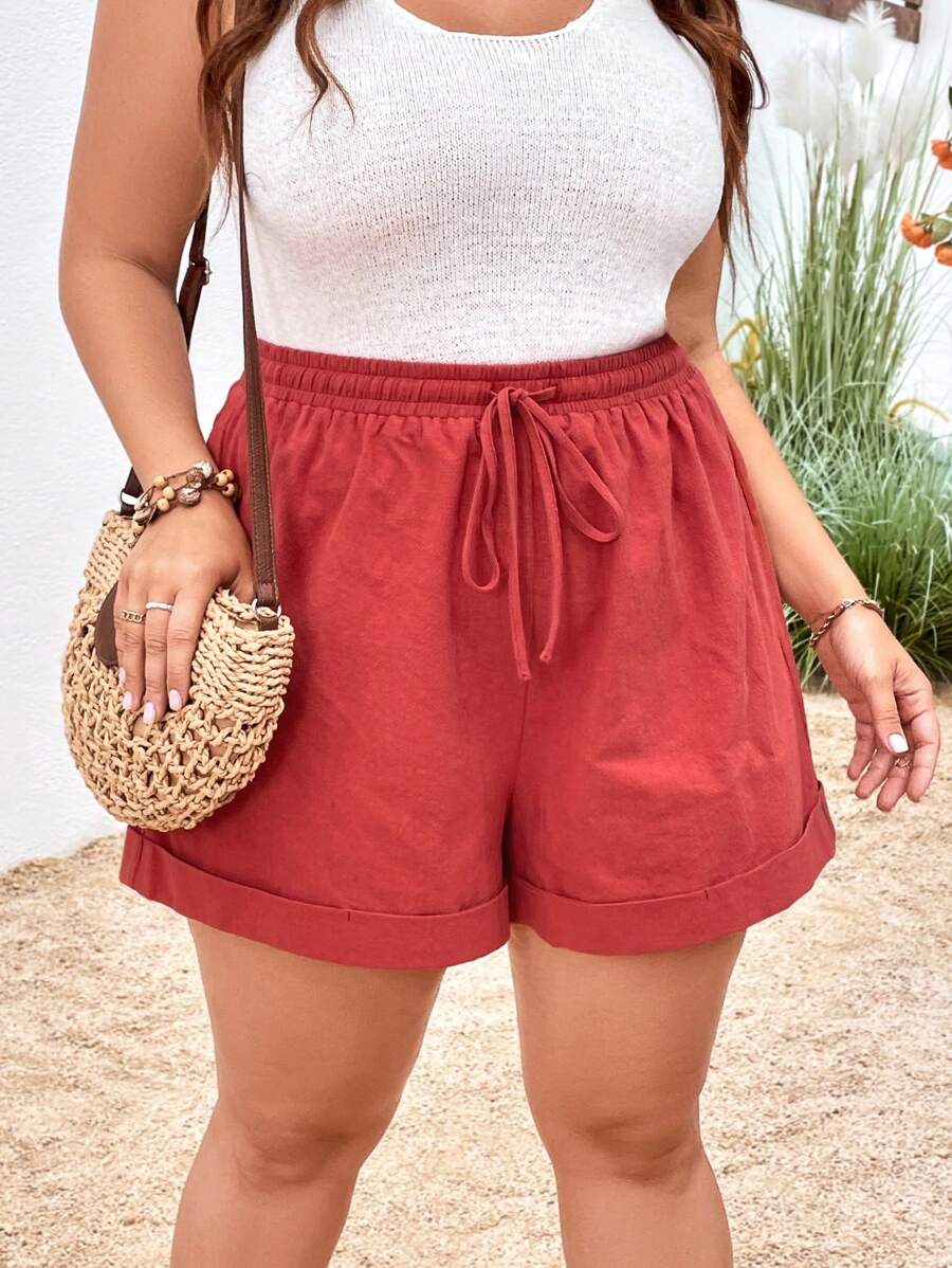 SHEIN VCAY Plus Drawstring Waist Roll Up Hem Shorts - Rust Brown - View 1