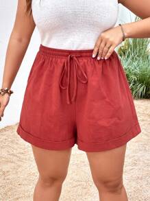 SHEIN VCAY Plus Drawstring Waist Roll Up Hem Shorts - Rust Brown - View 4