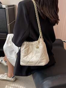 Túi đeo vai vuông thời trang giản dị, Túi đeo chéo đa năng cho phụ nữ, Túi xách đi làm cao cấp có dây đeo xích, Tối giản và phong cách - Màu be - Xem 3