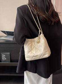 Túi đeo vai vuông thời trang giản dị, Túi đeo chéo đa năng cho phụ nữ, Túi xách đi làm cao cấp có dây đeo xích, Tối giản và phong cách - Màu be - Xem 5