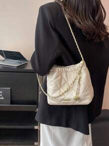 Túi đeo vai vuông thời trang giản dị, Túi đeo chéo đa năng cho phụ nữ, Túi xách đi làm cao cấp có dây đeo xích, Tối giản và phong cách - Màu be - Xem 6