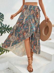 Breezaya Falda con estampado de paisley ribete con fruncido cruzado con nudo lateral - Multicolor - Ver 1