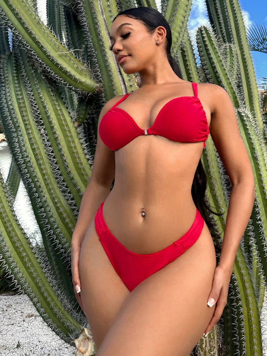 Solid Tie Back Bikini Set Summer Beach - Red - View 1