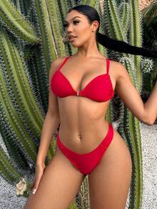 Solid Tie Back Bikini Set Summer Beach - Red - View 4