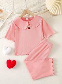 女孩櫻桃刺繡木耳邊彼得潘領睡衣套裝 - 淺粉色 - 查看 1