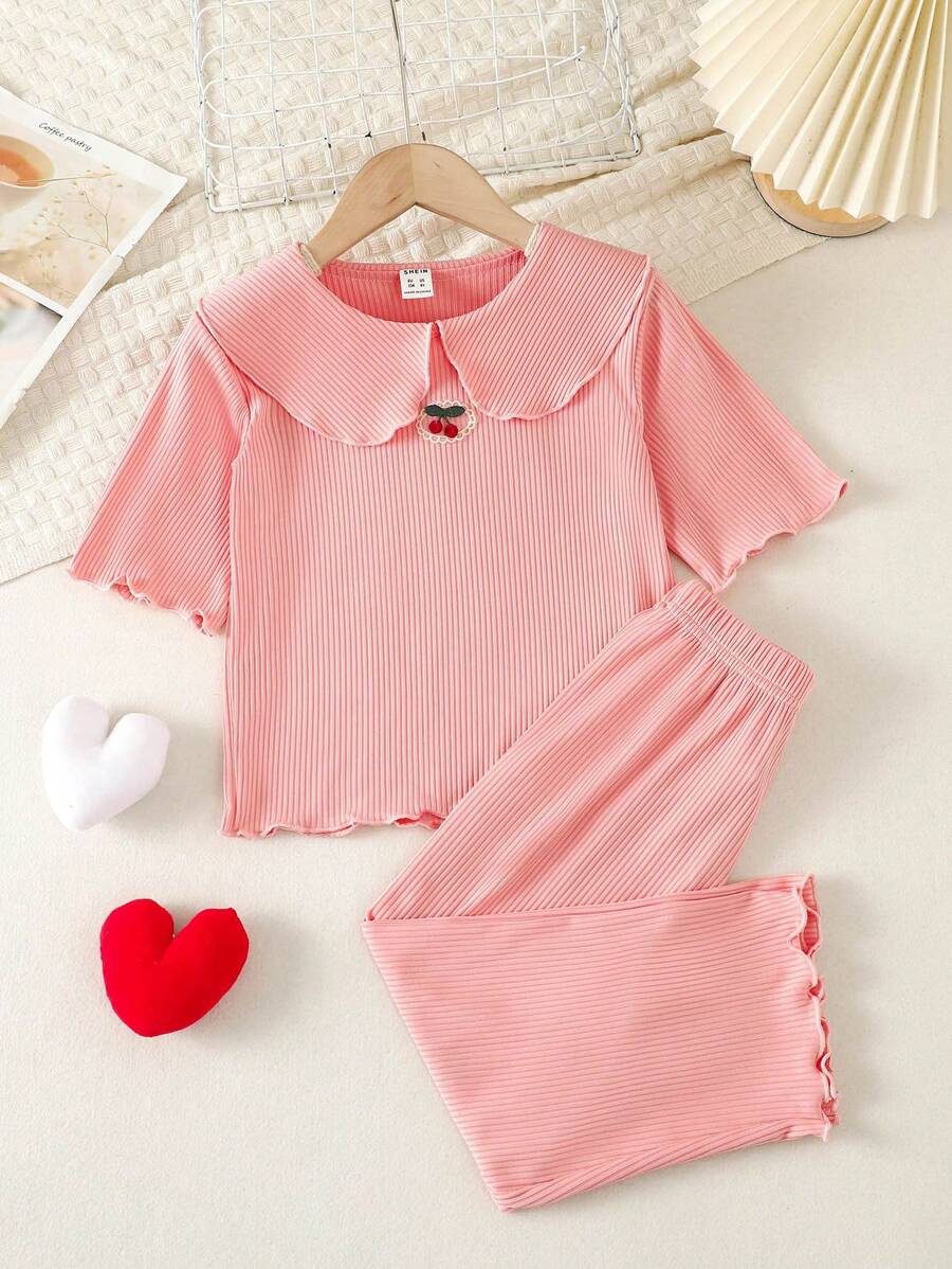 女孩櫻桃刺繡木耳邊彼得潘領睡衣套裝 - 淺粉色 - 查看 1