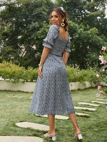 Simplee Vestido con estampado floral ribete con fruncido de manga farol - Neblina azul - Ver 2