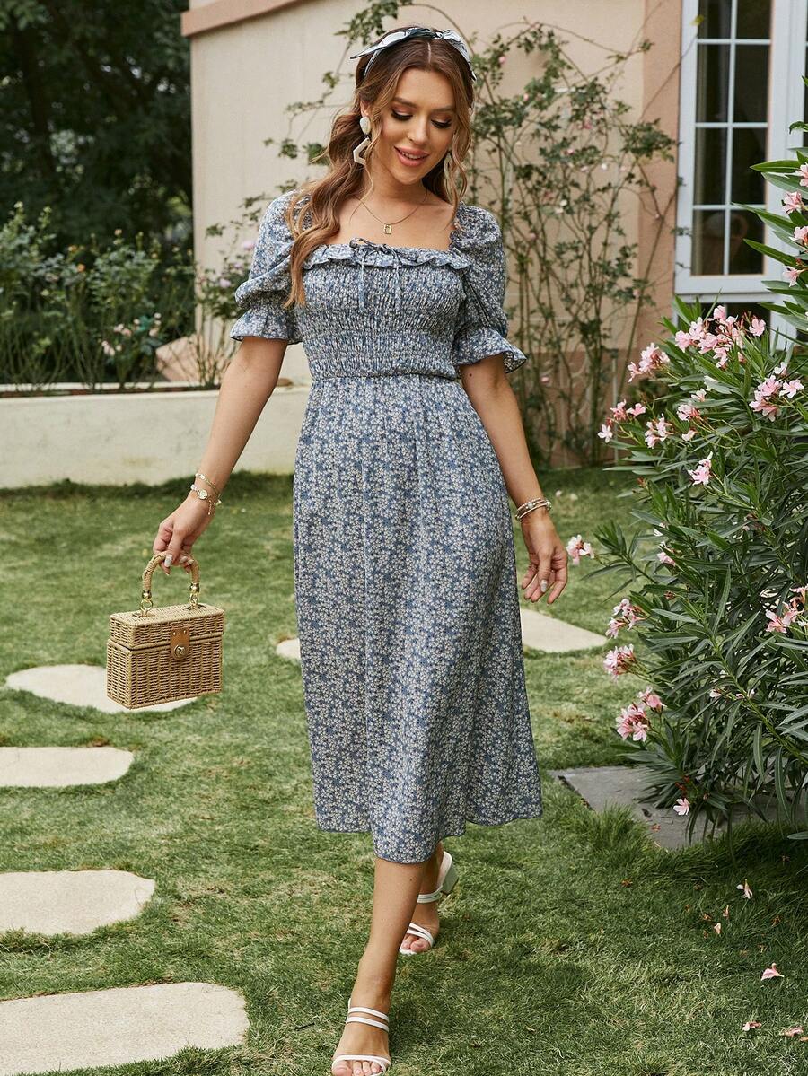 Simplee Vestido con estampado floral ribete con fruncido de manga farol - Neblina azul - Ver 1