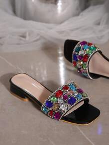 Women's Fashionable Sexy New Sandals, Luxury Colorful Glass Rhinestone Strap Charming Open Toe Summer Festival Casual Outdoor Versatile Low Heel Slides - Black - View 4