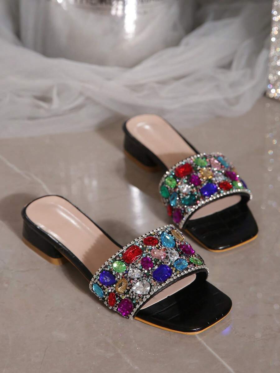 Women's Fashionable Sexy New Sandals, Luxury Colorful Glass Rhinestone Strap Charming Open Toe Summer Festival Casual Outdoor Versatile Low Heel Slides