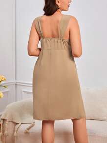SHEIN Privé Plus Ruched Split Thigh Cami Dress - Khaki - View 3