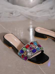 Women's Fashionable Sexy New Sandals, Luxury Colorful Glass Rhinestone Strap Charming Open Toe Summer Festival Casual Outdoor Versatile Low Heel Slides - Black - View 6
