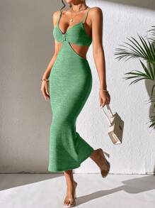 SHEIN PETITE 腰部鏤空吊帶連衣裙 - 綠色 - 查看 1