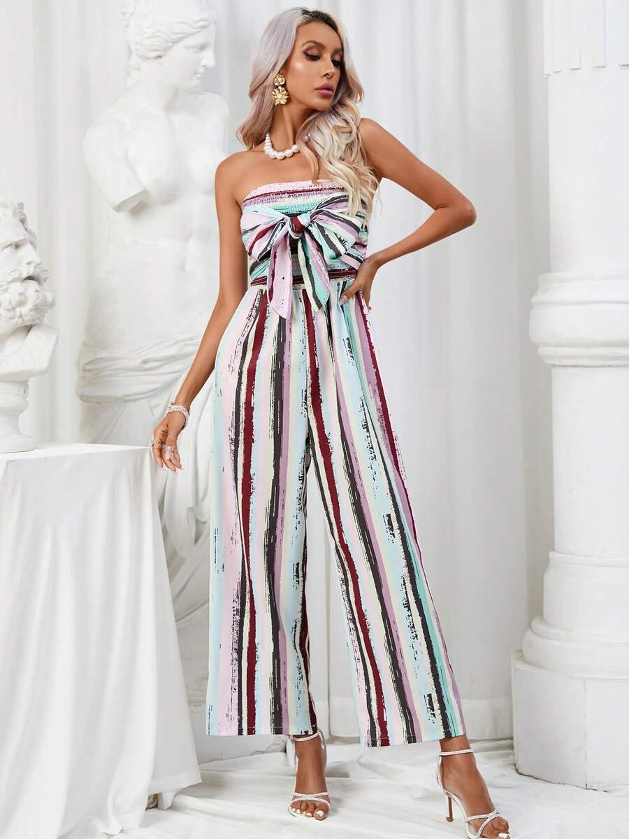SHEIN Essnce Striped Print Tie Back Tube Jumpsuit - Multicolor - View 1