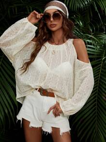 SHEIN VCAY Cold Shoulder Lantern Sleeve Blouse Without Bra - Apricot - View 1